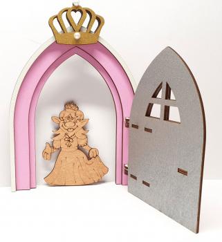 Tanno Design beliebteste kleine Prinzessin Wichtel Wichteltür, mit echtem Wichtel, Feentür, Mäusetür aus Holz zum öffnen rosa/weiß 17cm