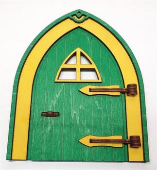 Tanno Design beliebteste Wichteltür, Feentür, Mäusetür aus Holz zum öffnen mit echtem Wichtel grün/gelb 17cm