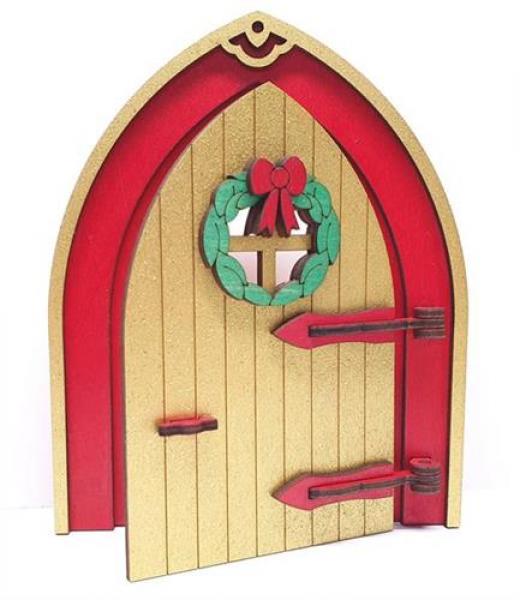 Tanno Design Weichnachten Wichteltür, Feentür, Mäusetür, Elfentür aus Holz zum öffnen mit lustigem Wichtel Gold/rot 17cm hoch