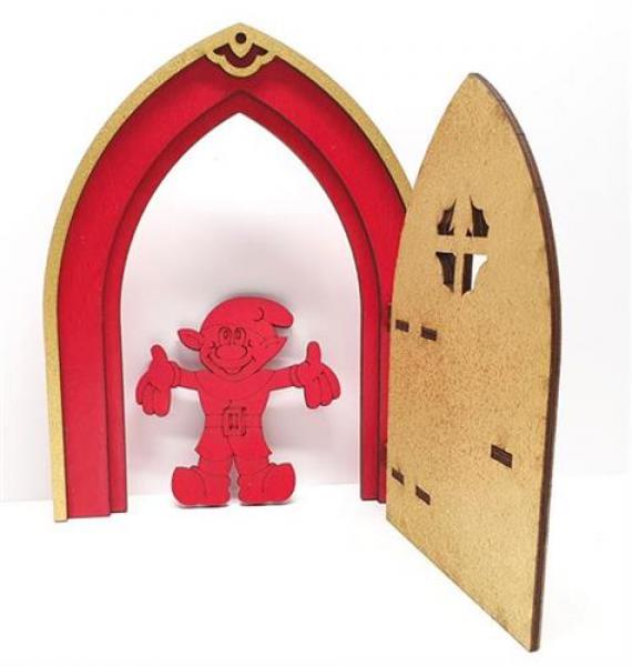 Tanno Design Weichnachten Wichteltür, Feentür, Mäusetür, Elfentür aus Holz zum öffnen mit lustigem Wichtel Gold/rot 17cm hoch