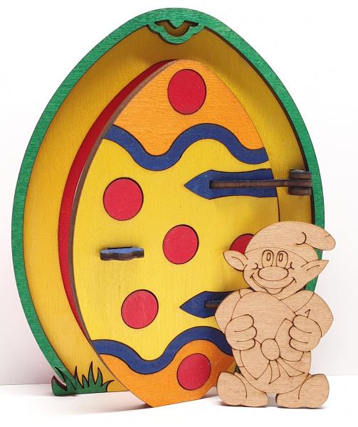Tanno Design beliebteste Ostern Wichtel Wichteltür, mit echtem Oster Wichtel, Feentür, Mäusetür aus Holz zum öffnen gelb 17cm