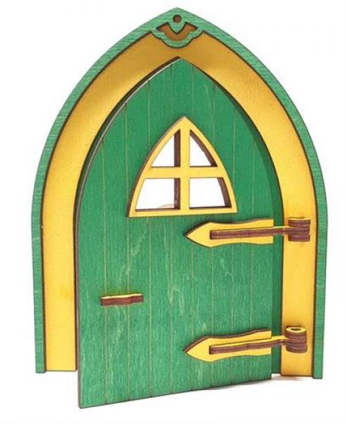 Tanno Design beliebteste Wichteltür, Feentür, Mäusetür aus Holz zum öffnen mit echtem Wichtel grün/gelb 17cm