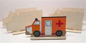 Bastellinchen Ausmalset 06 - Krankenwagen Fahrzeuge - 5 Stück aus Holz